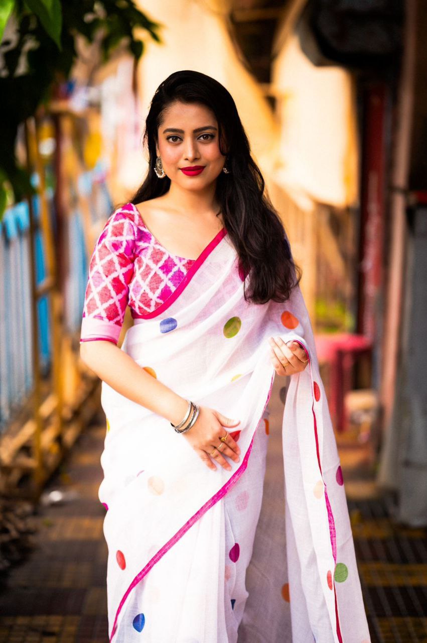 White Polka Dot Linen Saree