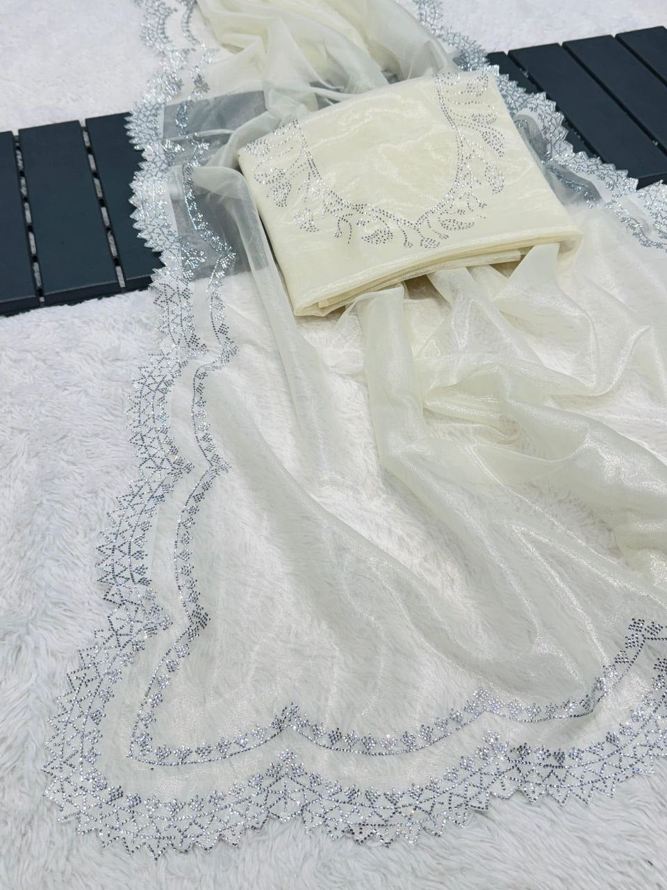 White Stylish Tissue Tweel Net Saree | Clone Design