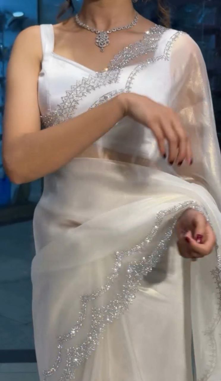 White Stylish Tissue Tweel Net Saree | Clone Design