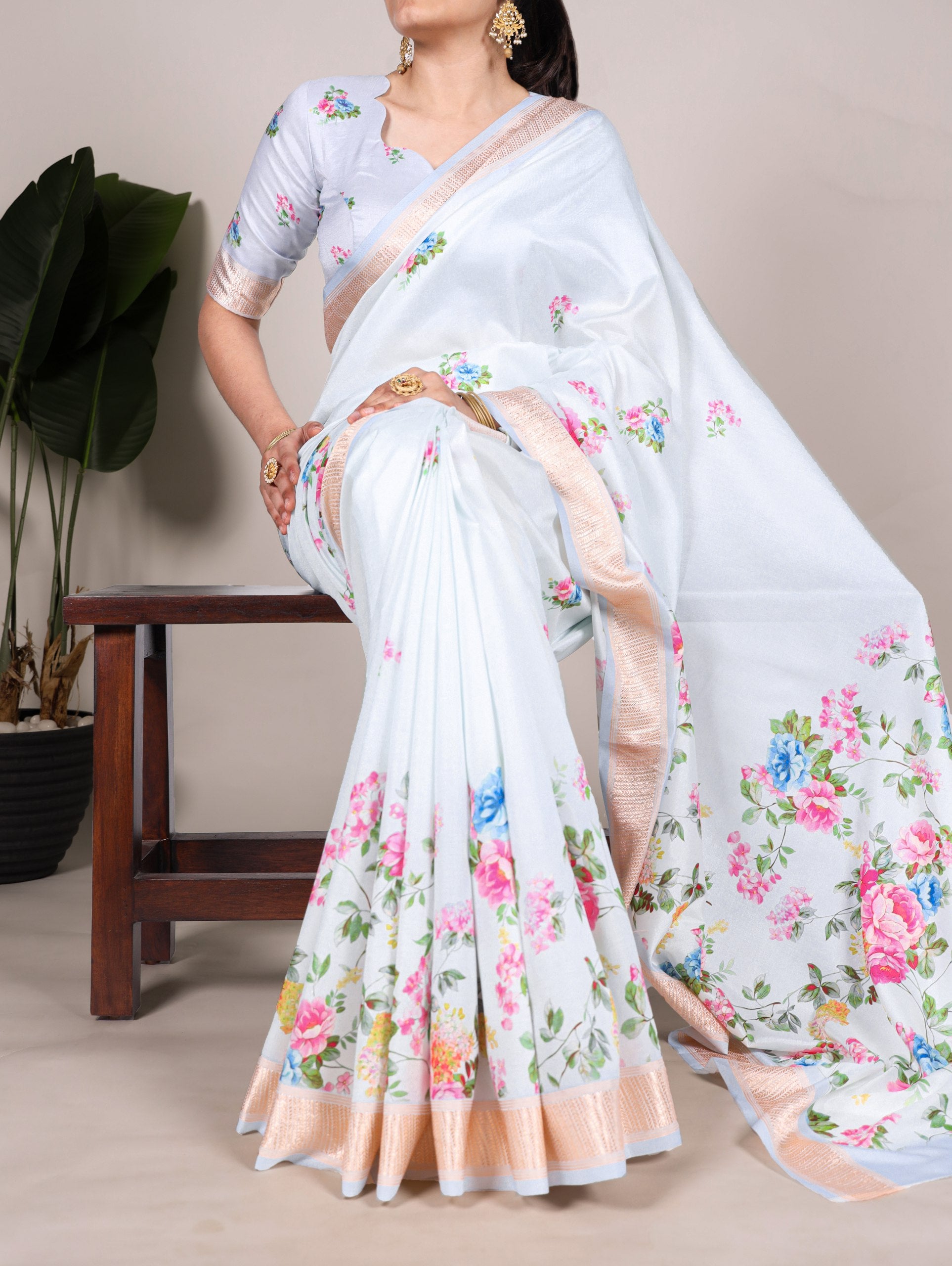 White Traditional Tussar Silk Saree