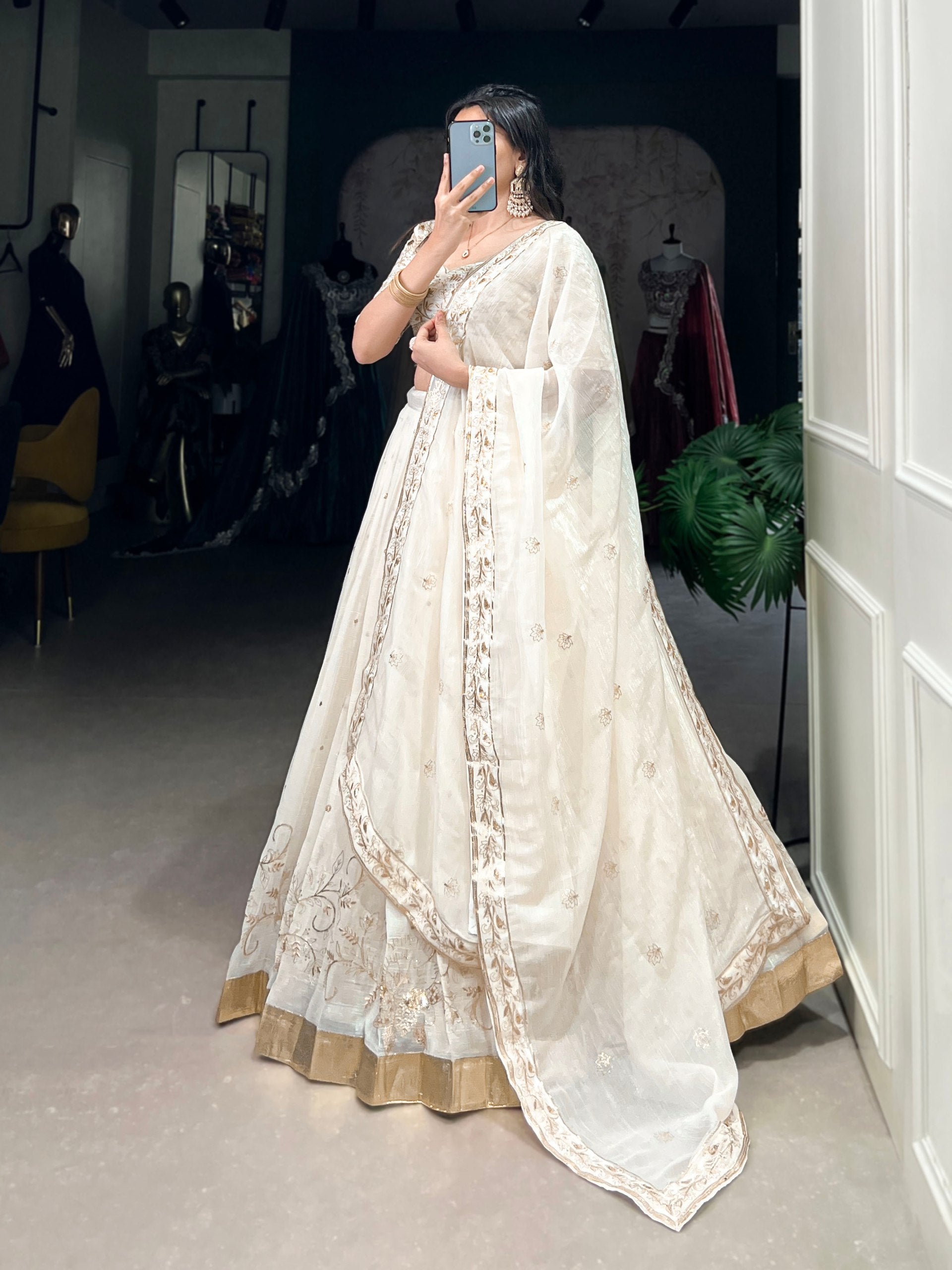 White Wedding Wear Silver Glossy Lehenga