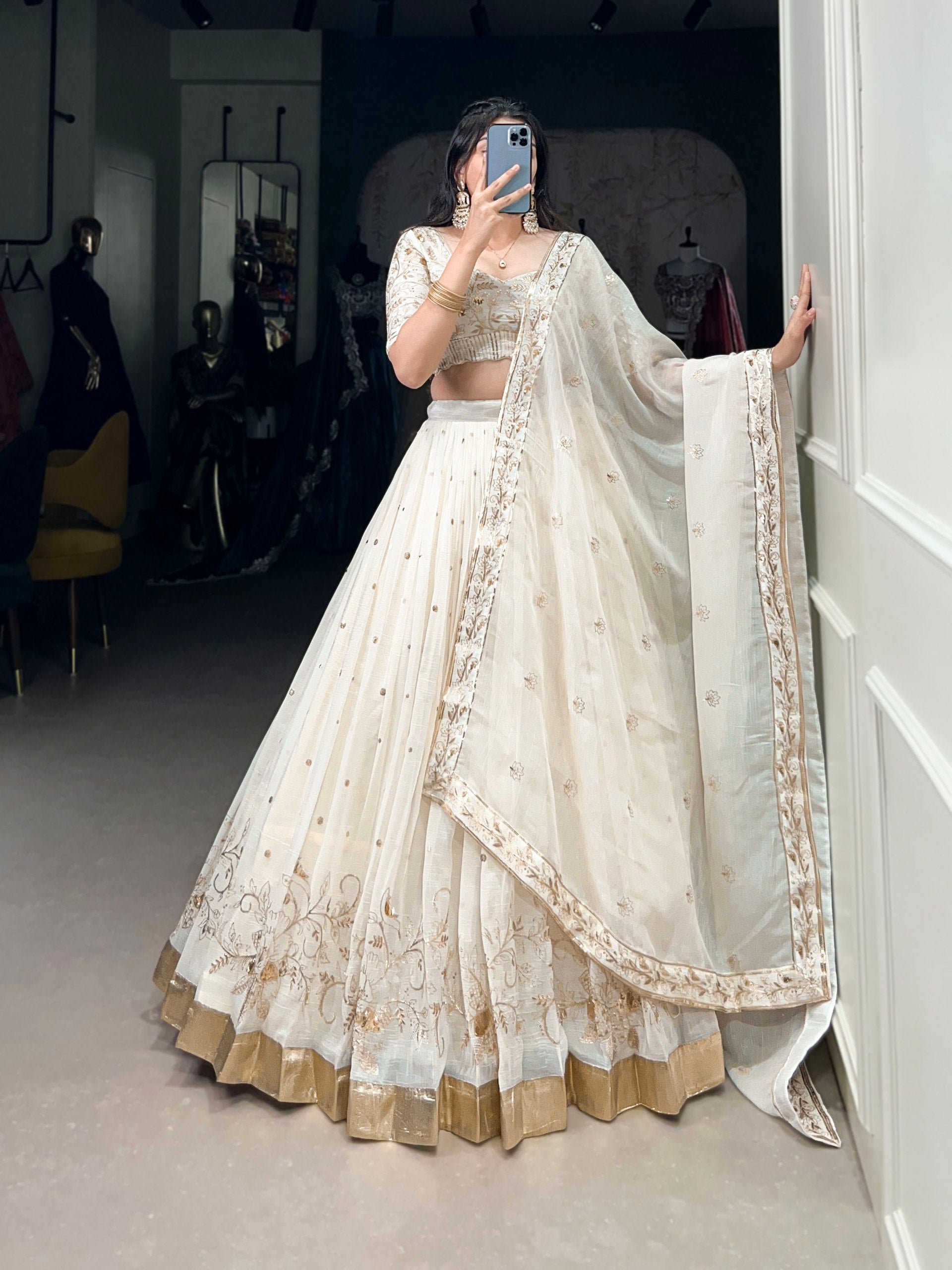 White Wedding Wear Silver Glossy Lehenga
