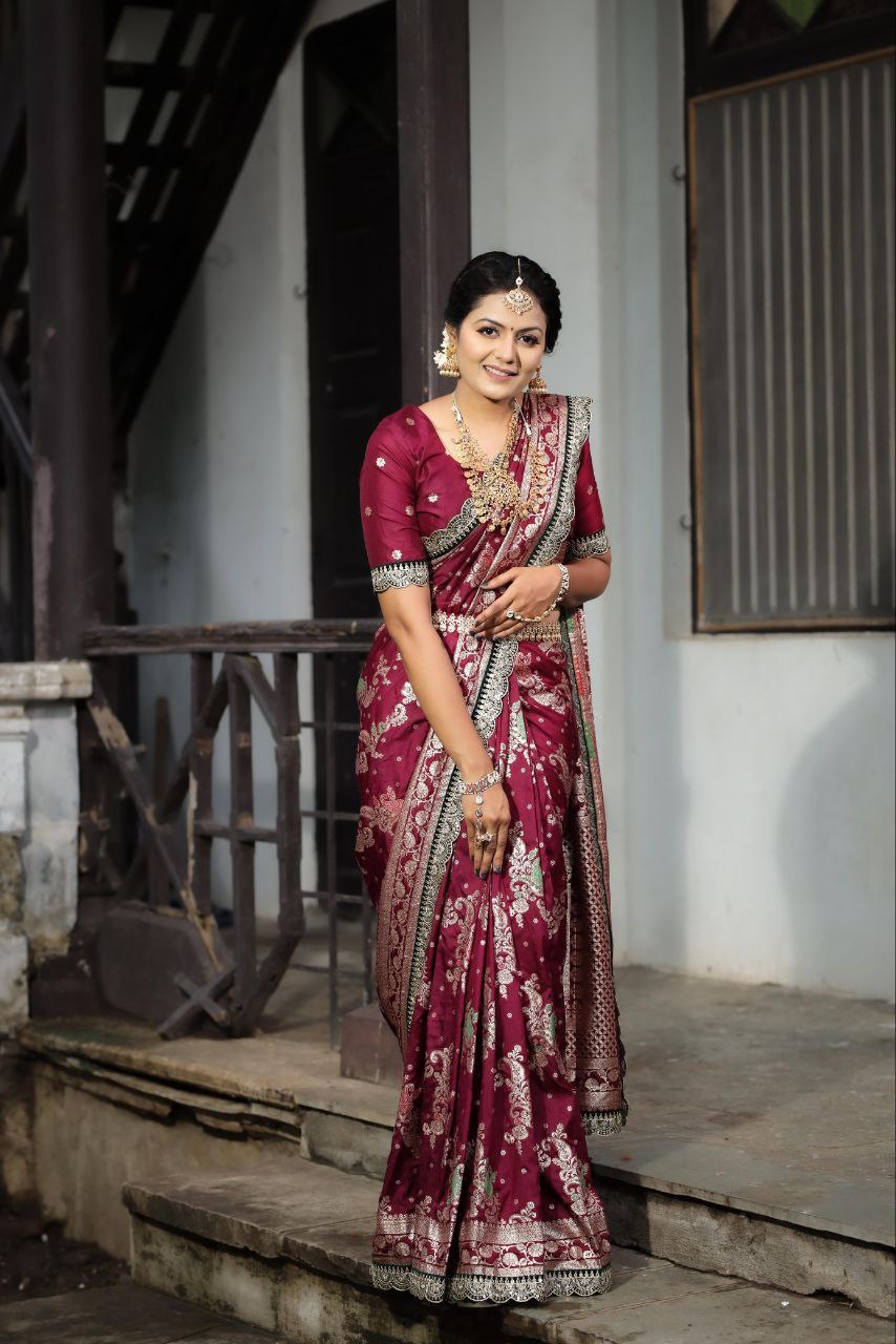 Wine Berry Designer Dola Silk Saree