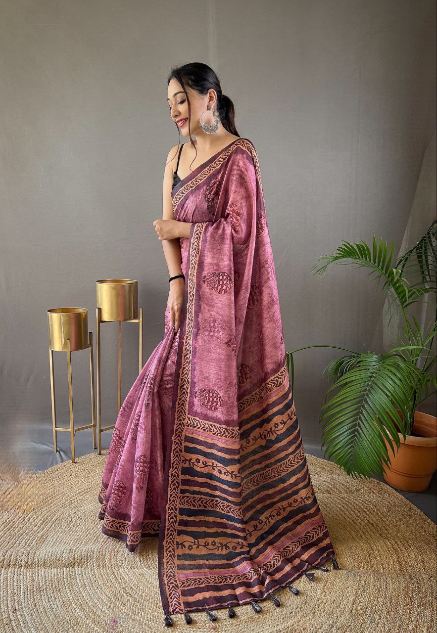 Wine Cotton Tussar Silk Saree