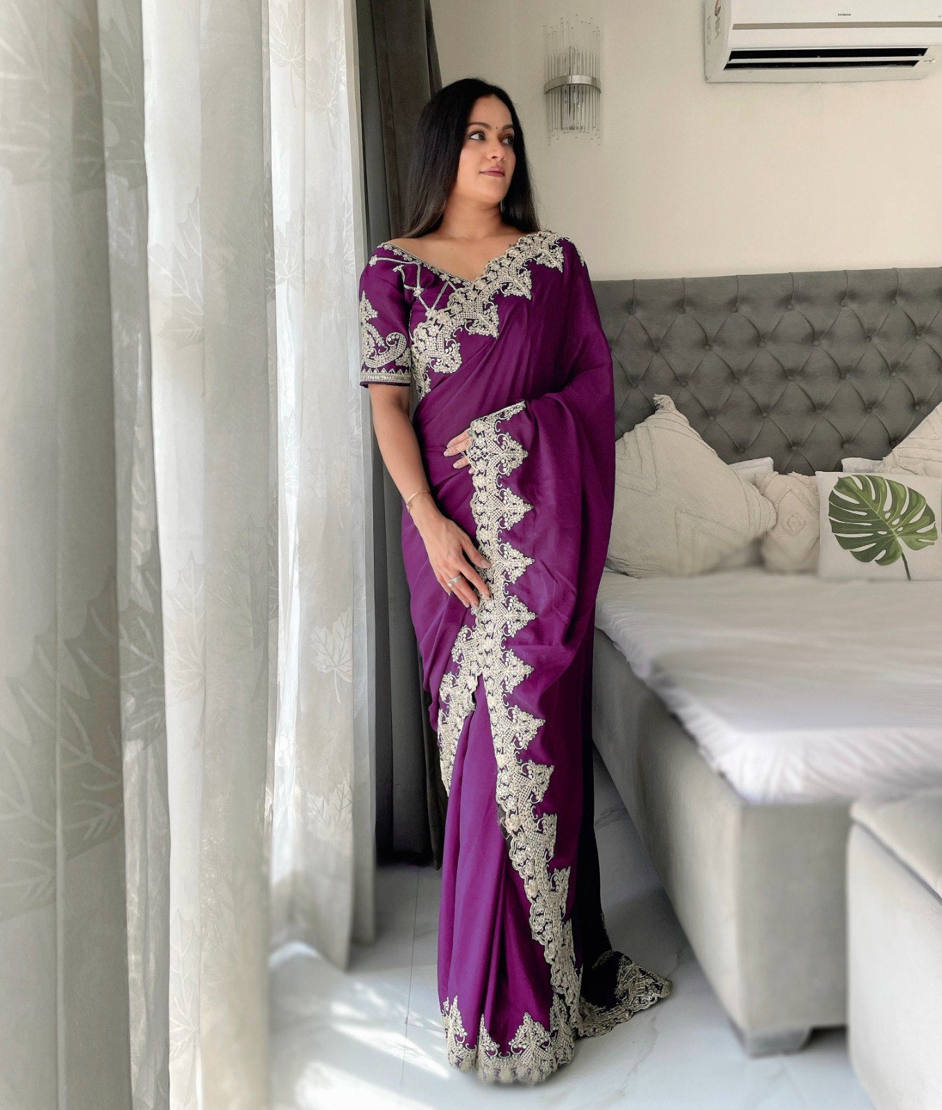 Wine Designer Chinon Silk Saree