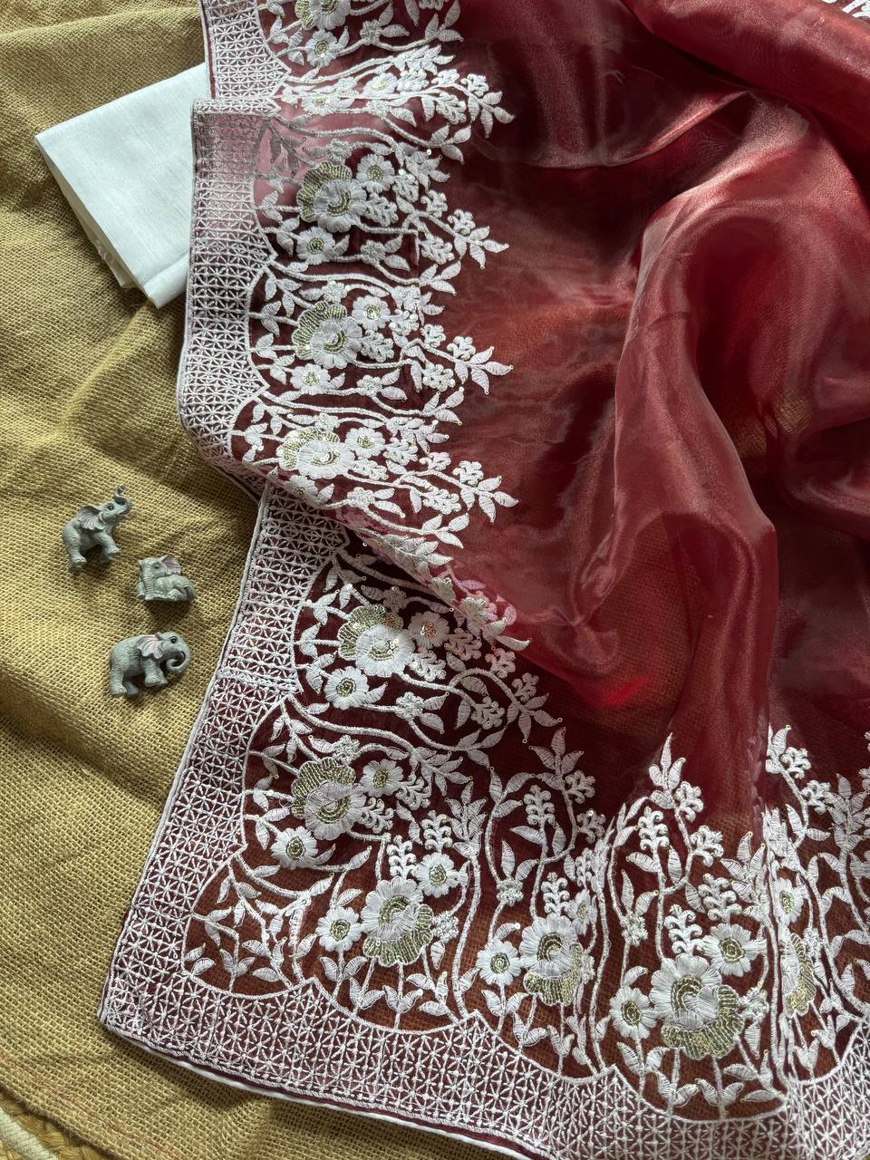 Wine Designer Organza Silk Saree