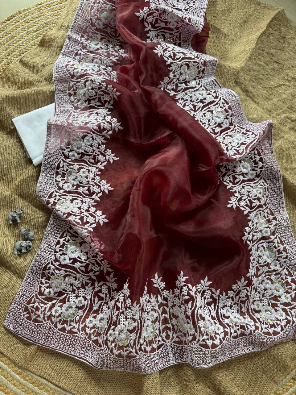 Wine Designer Organza Silk Saree