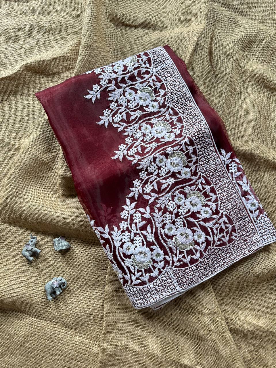 Wine Designer Organza Silk Saree