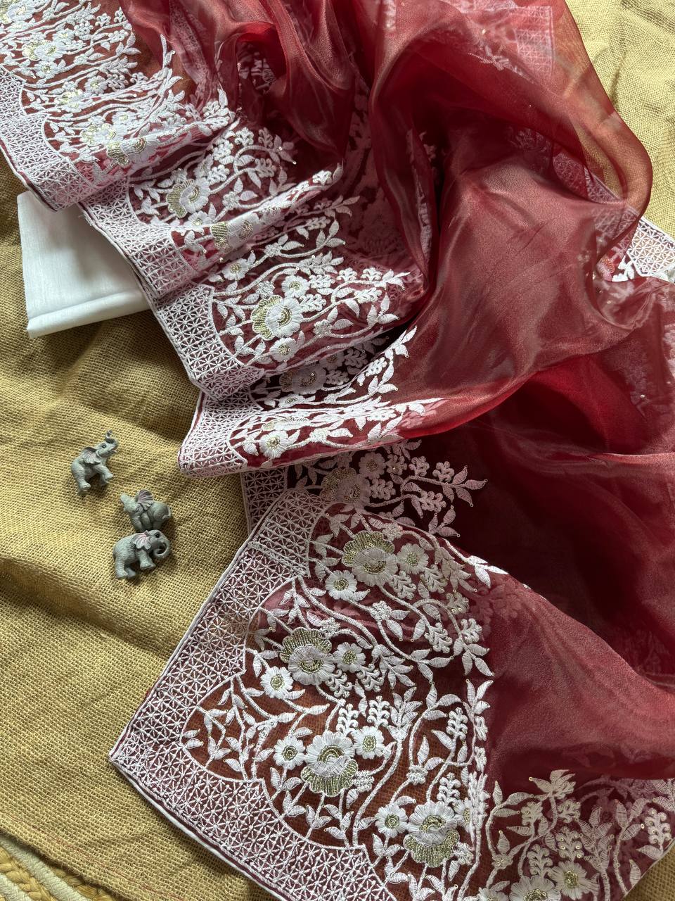 Wine Designer Organza Silk Saree