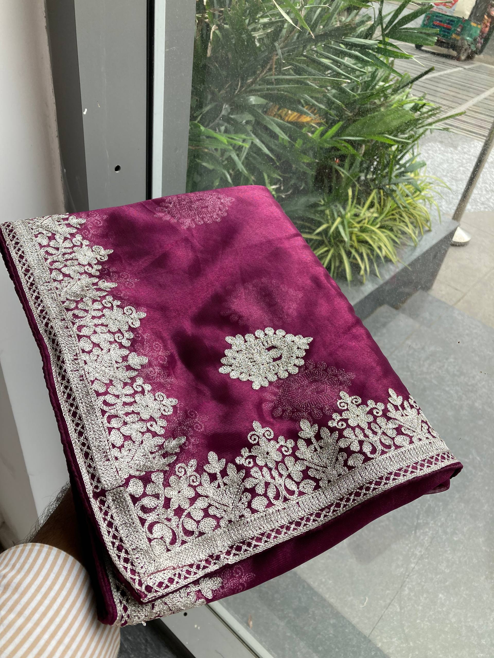 Magenta Designer Party Wear Twill Net Saree