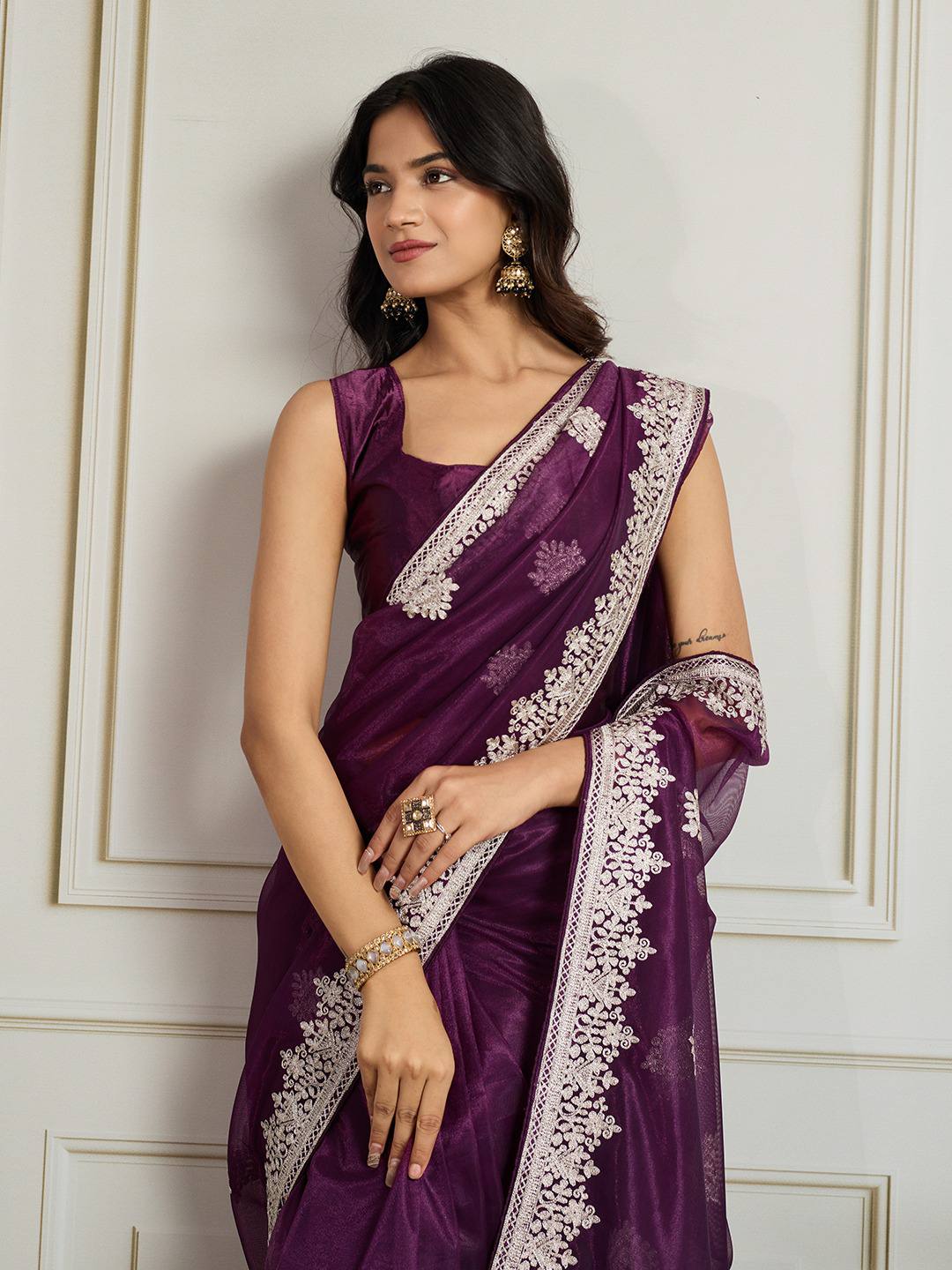 Magenta Designer Party Wear Twill Net Saree