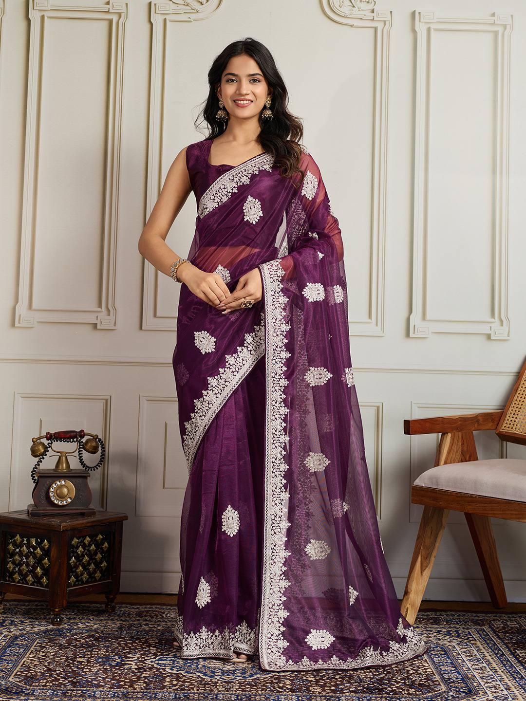 Magenta Designer Party Wear Twill Net Saree