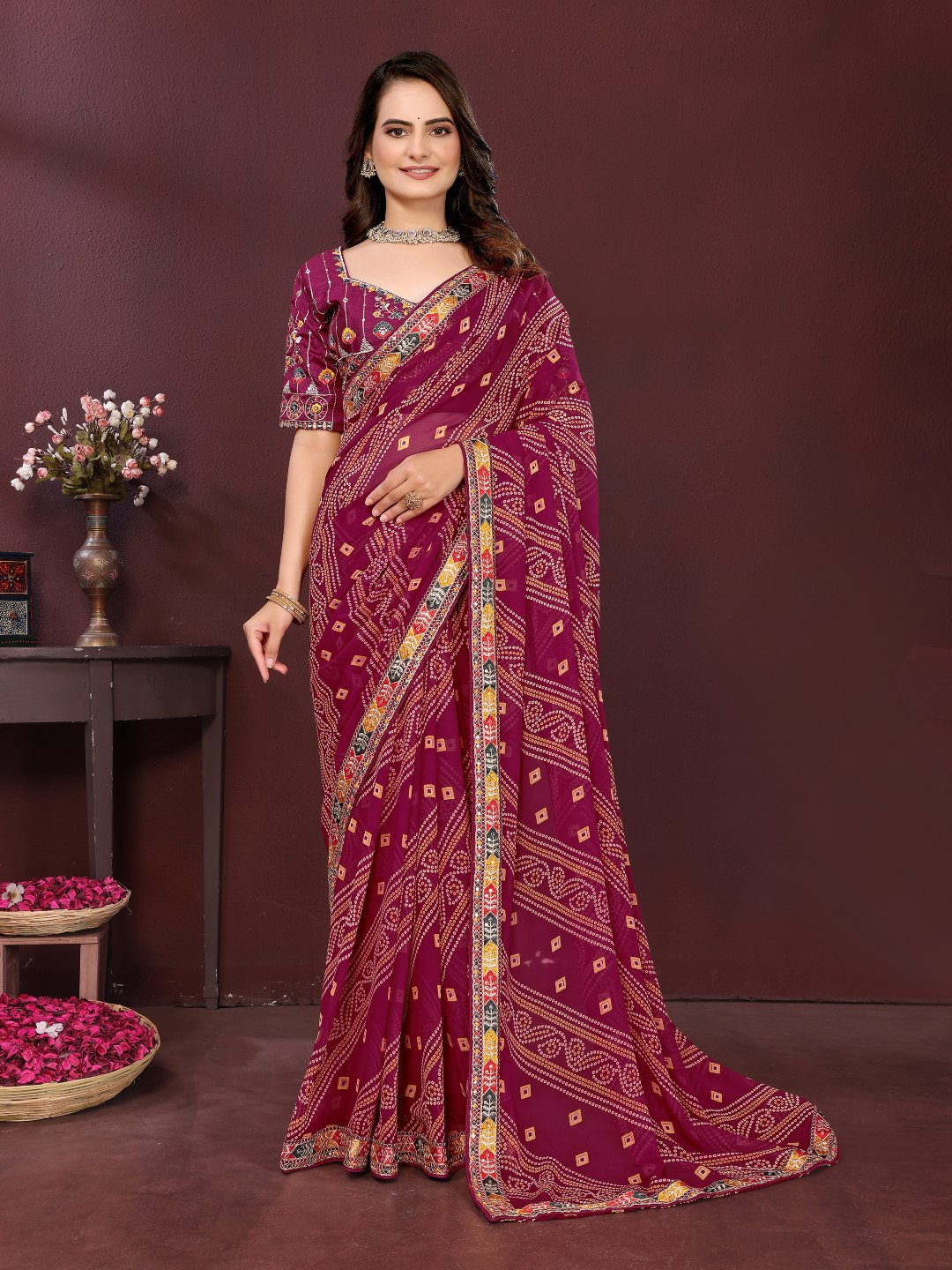 Wine Digital Printed Georgette Saree