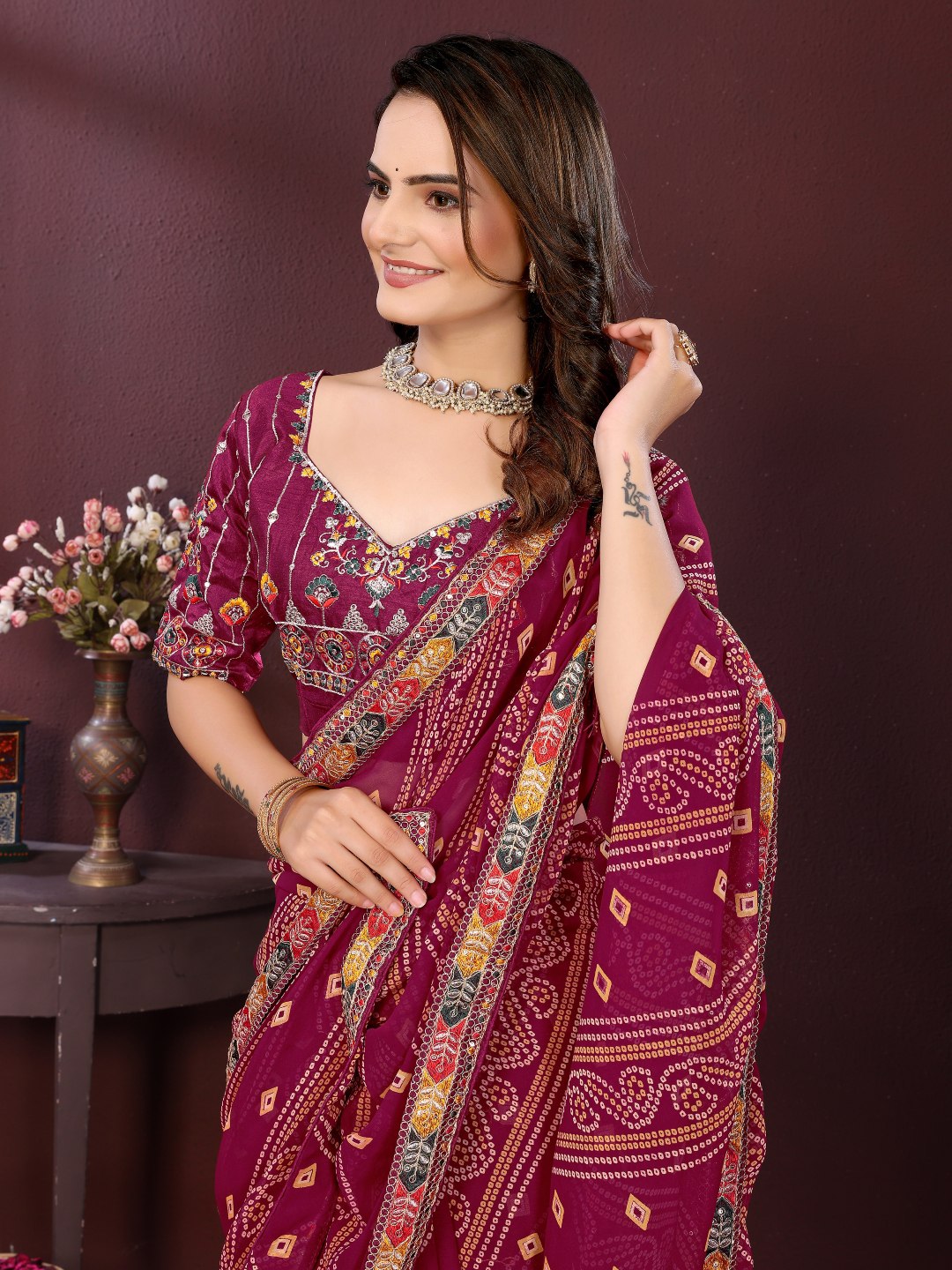 Wine Digital Printed Georgette Saree