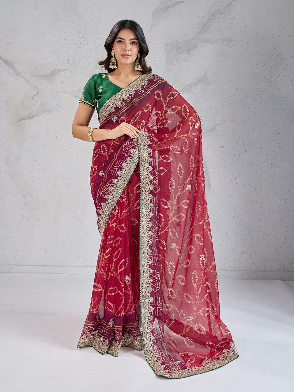 Wine Digital Printed Wedding Wear Georgette Saree