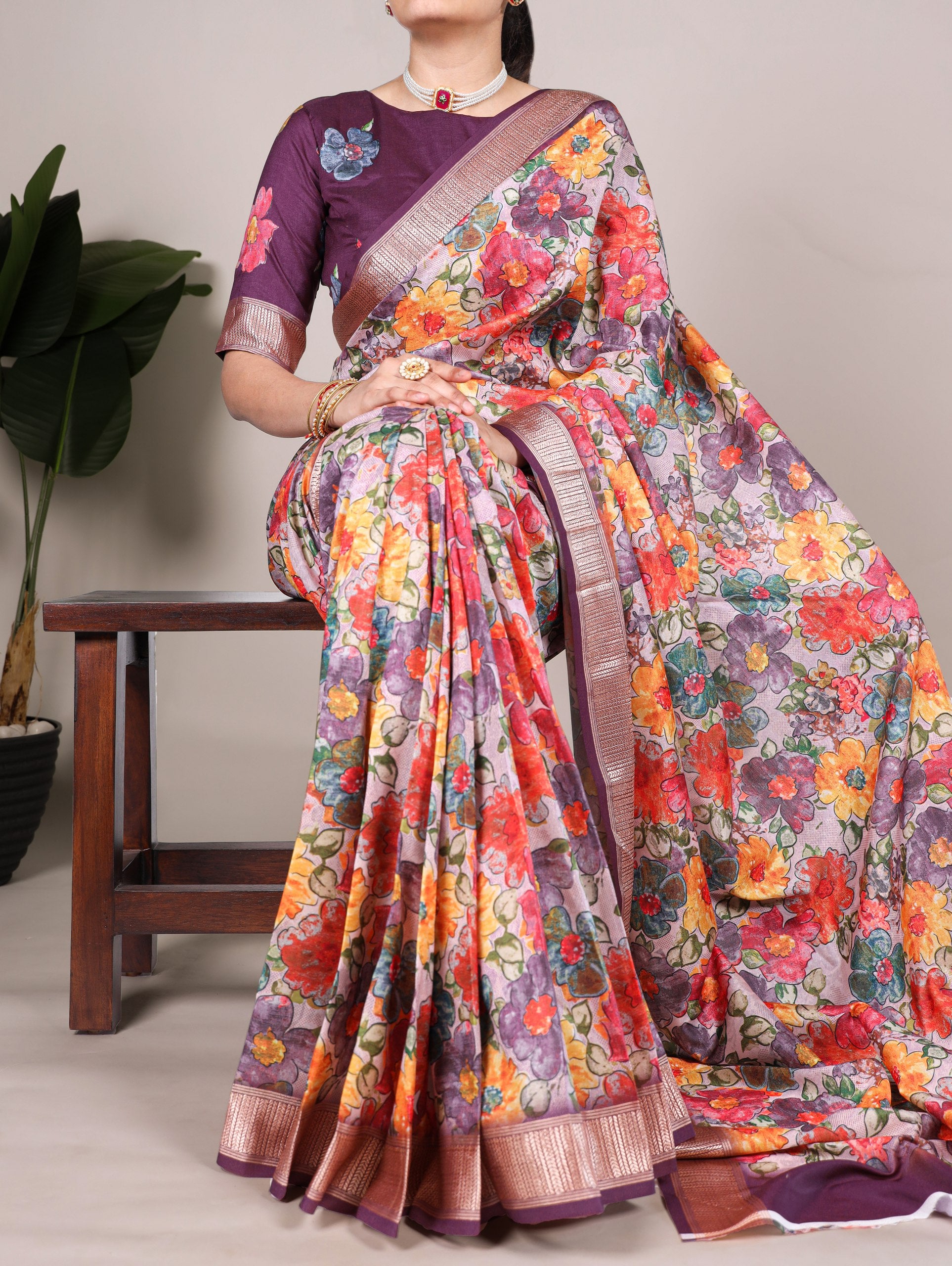 Wine Floral Printed Tussar Silk Saree