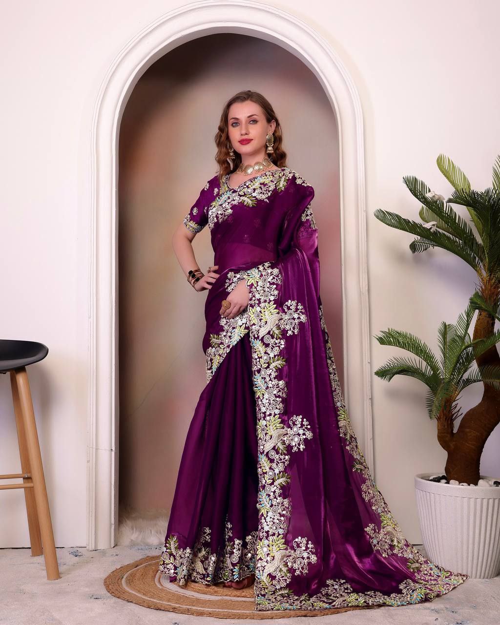 Wine Jimmy Choo Silk Saree For Wedding