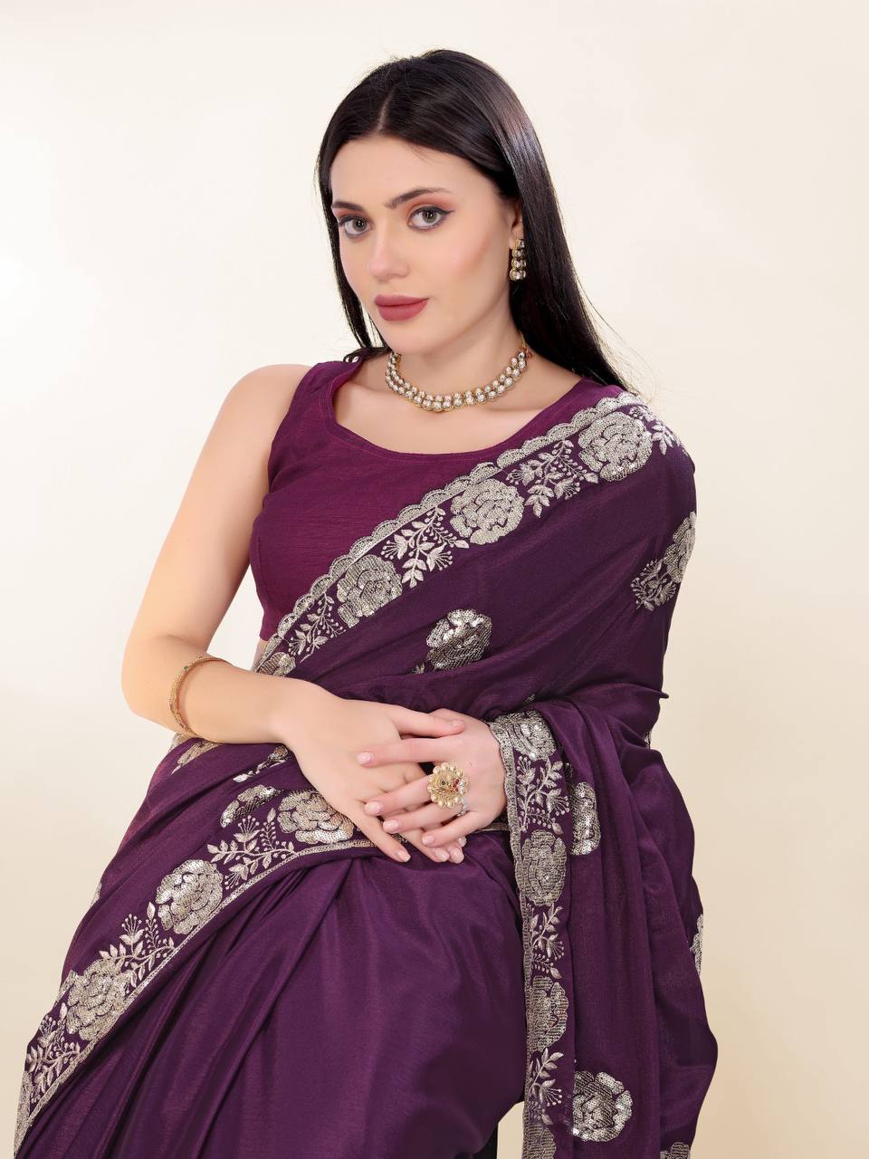 Wine Party Wear Chinon Silk Saree