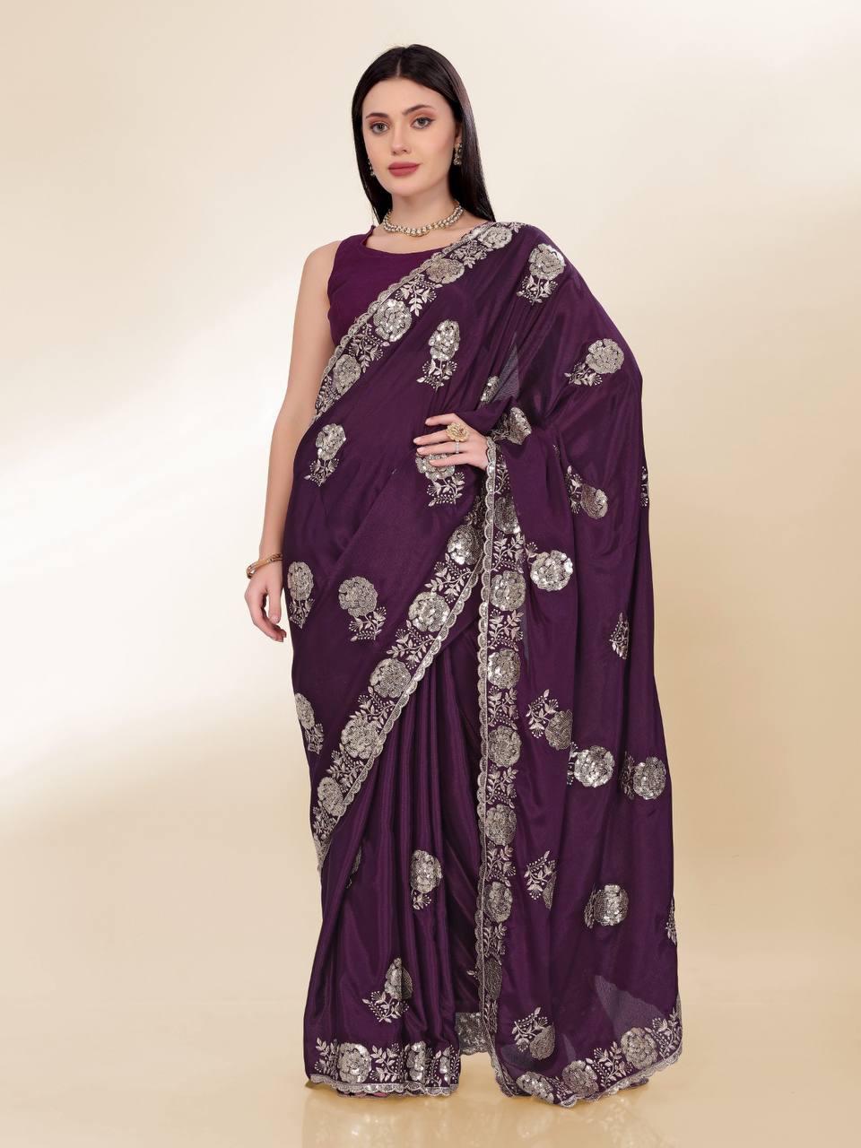 Wine Party Wear Chinon Silk Saree