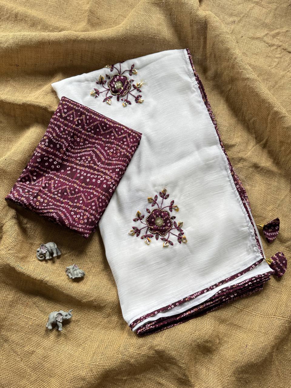 Wine Party Wear Designer Chiffon Cunchy Silk Saree