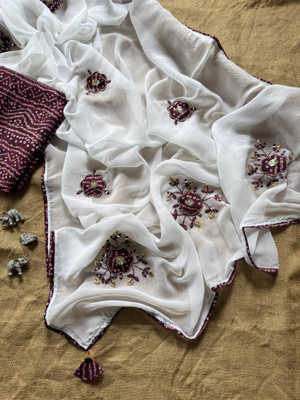 Wine Party Wear Designer Chiffon Cunchy Silk Saree