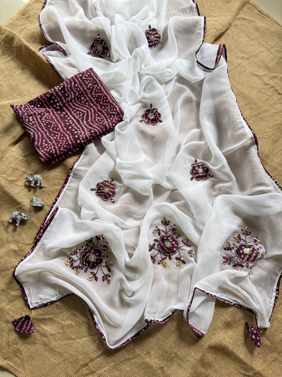 Wine Party Wear Designer Chiffon Cunchy Silk Saree