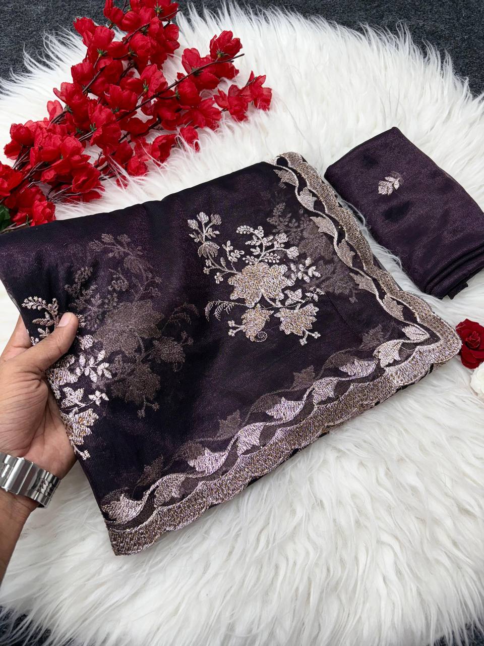 Wine Party Wear Floral Embroidered Organza Saree