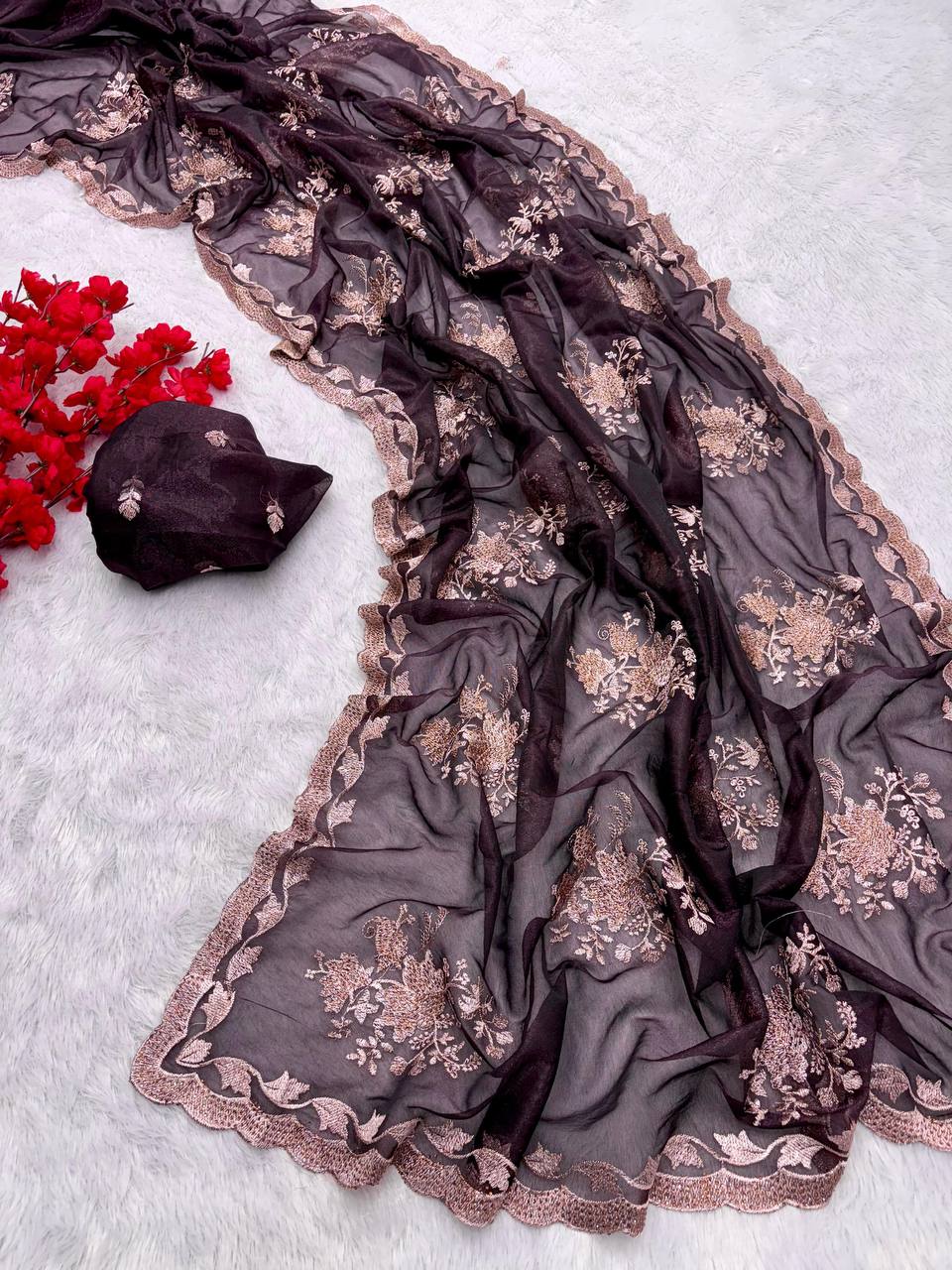 Wine Party Wear Floral Embroidered Organza Saree