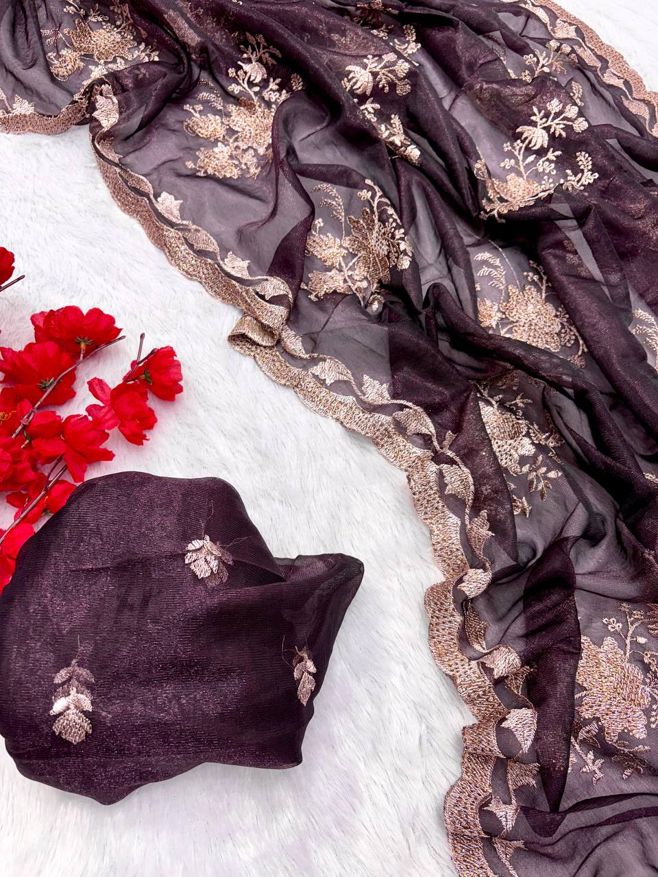 Wine Party Wear Floral Embroidered Organza Saree