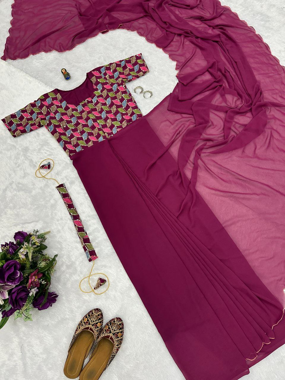 Wine Party Wear Georgette Gown Saree