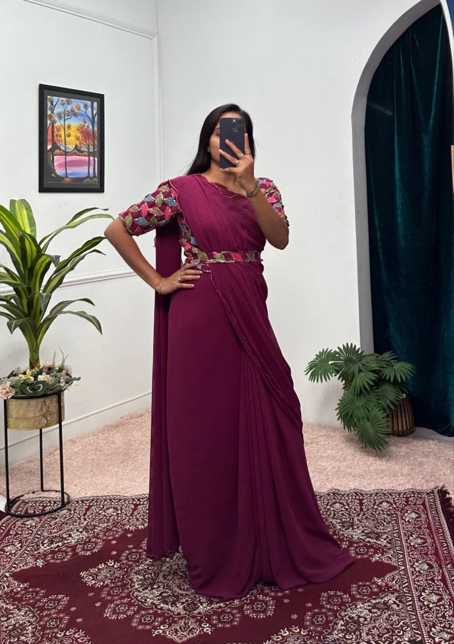 Wine Party Wear Georgette Gown Saree
