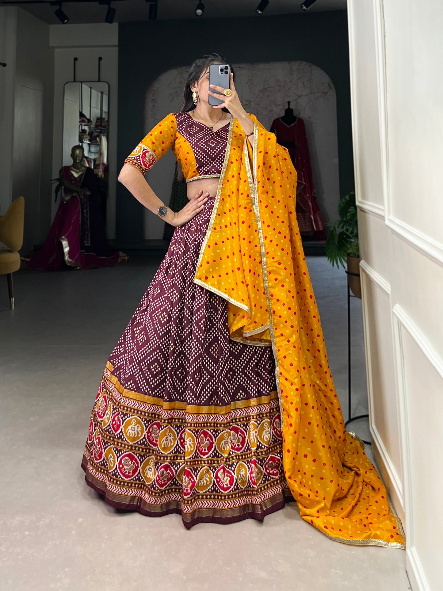 Wine Patola Printed Tussar Silk Lehenga