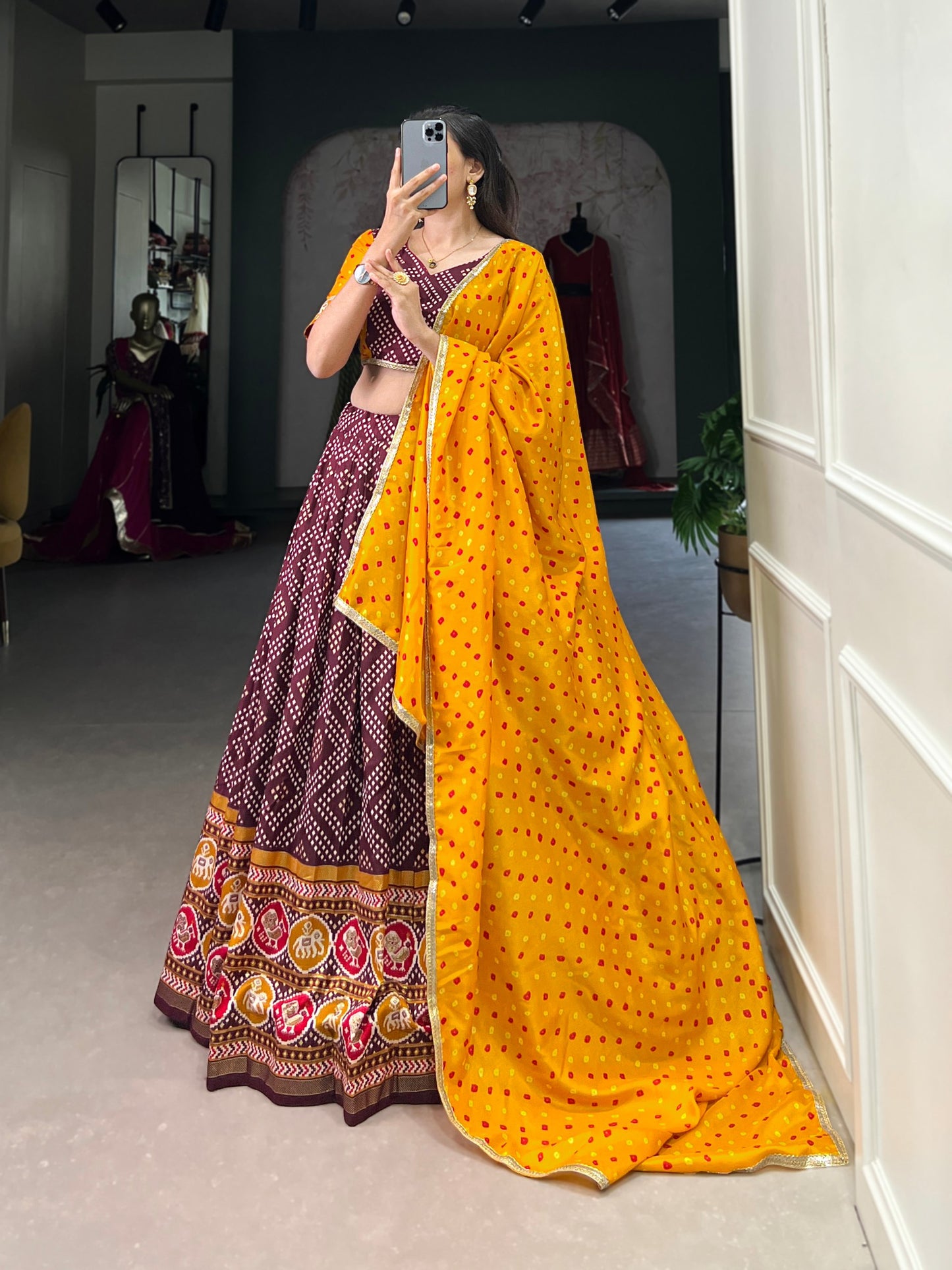 Wine Patola Printed Tussar Silk Lehenga