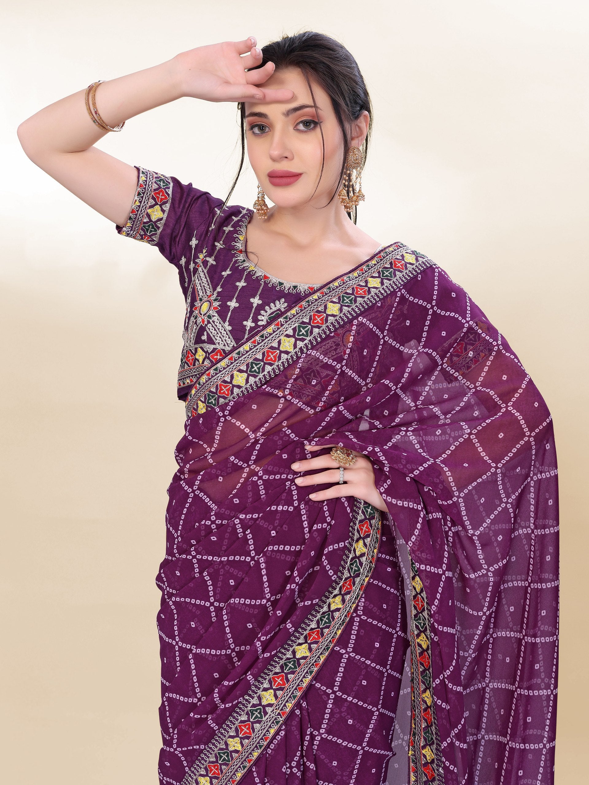 Wine Purple Bandhej Printed Georgette Saree