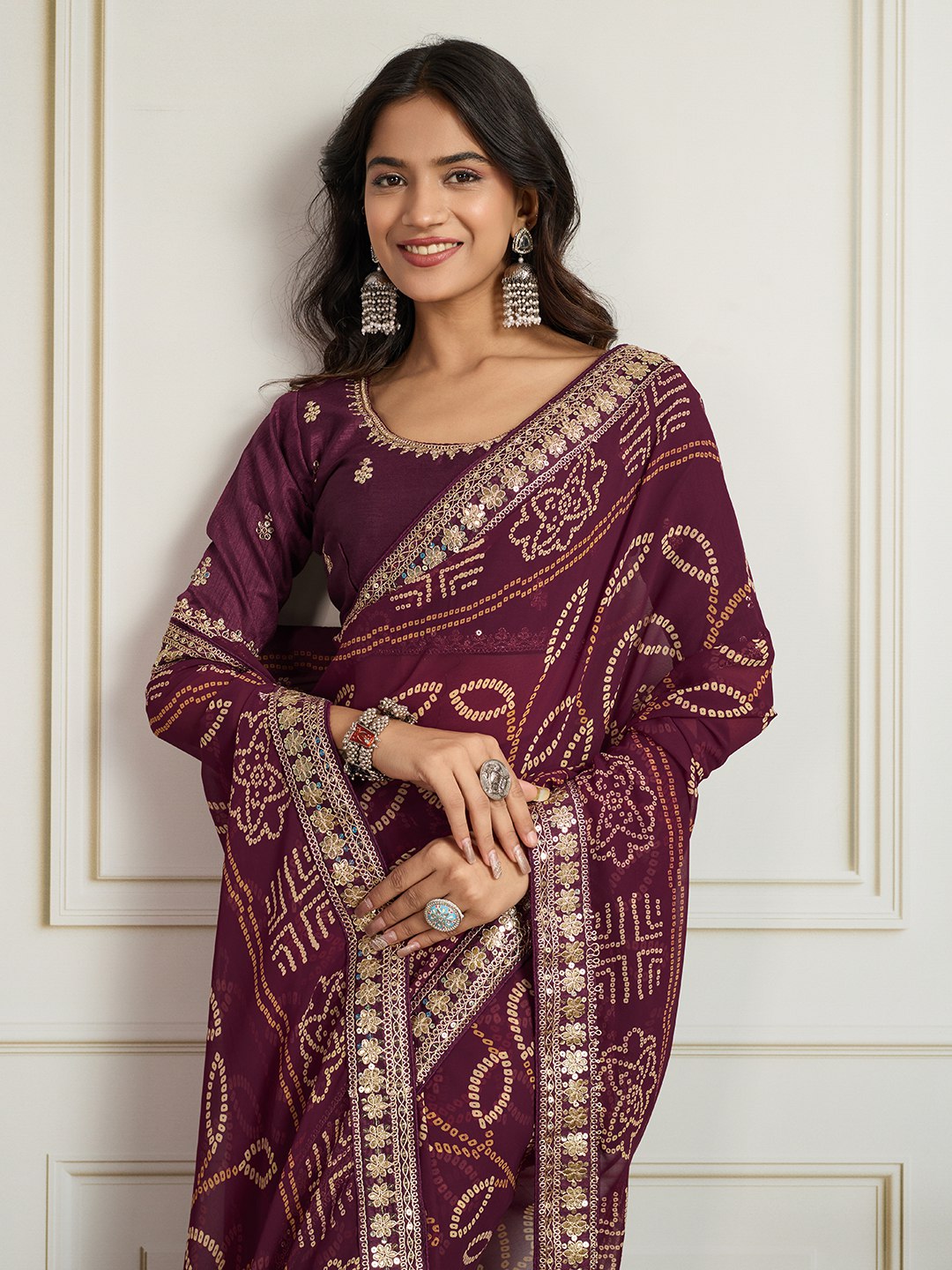 Wine Rajwadi Bandhej Printed Georgette Saree