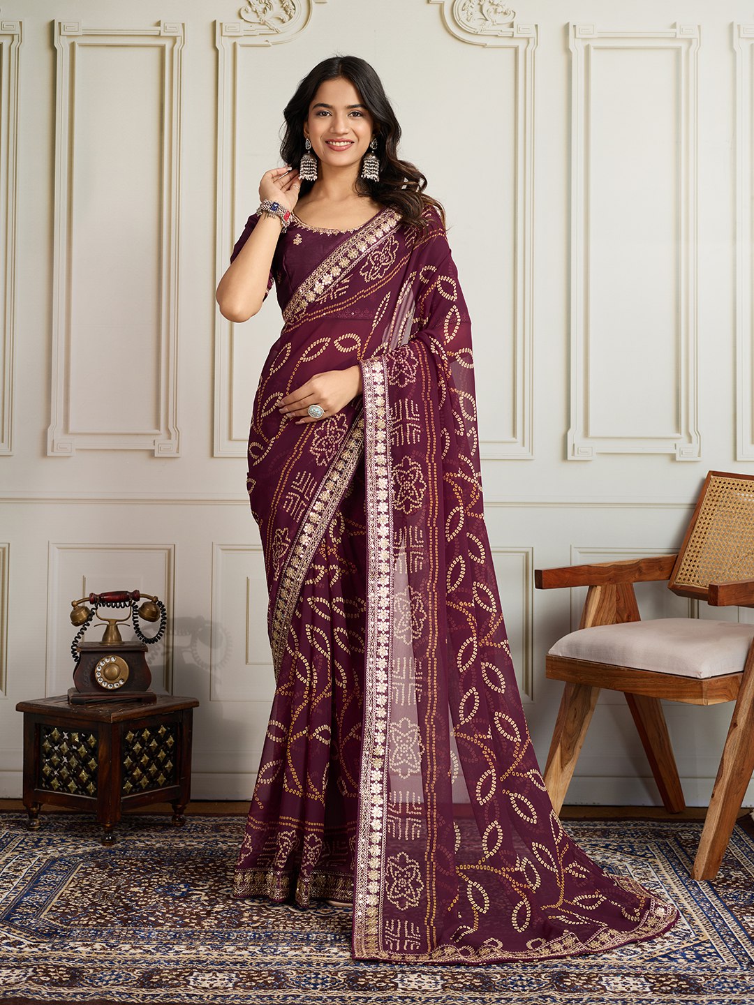 Wine Rajwadi Bandhej Printed Georgette Saree