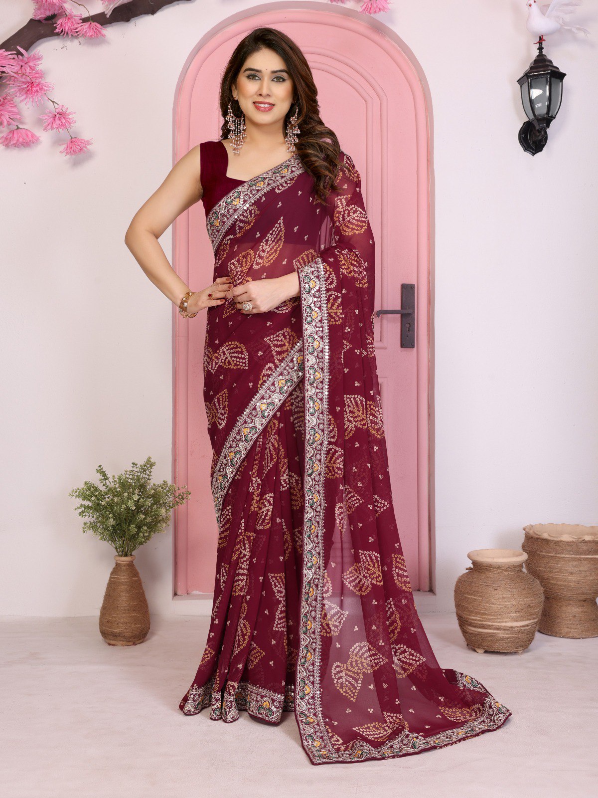 Wine Rajwadi Bandhej Printed Georgette Saree