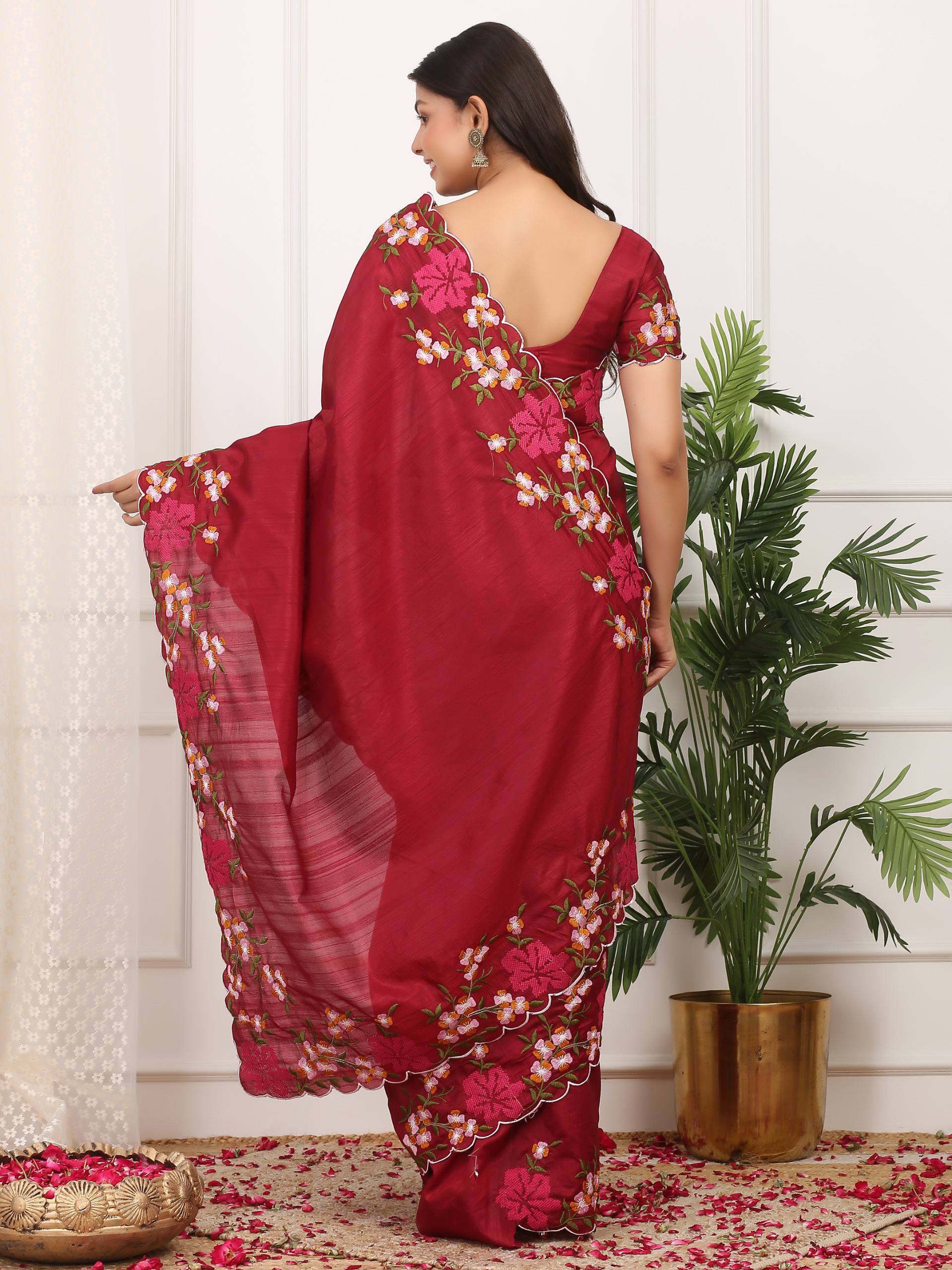 Wine Red Designer Manipuri Silk Saree