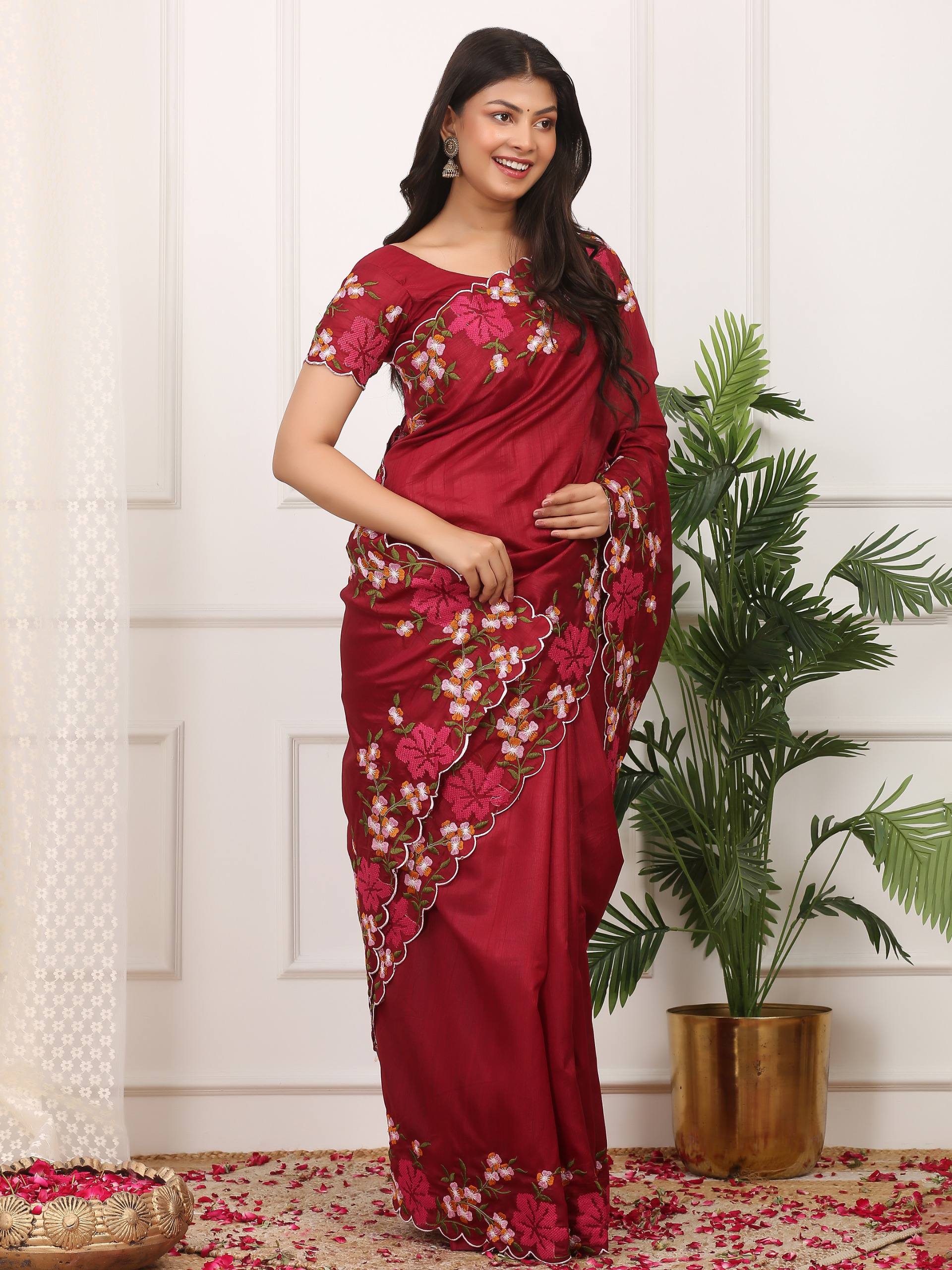 Wine Red Designer Manipuri Silk Saree