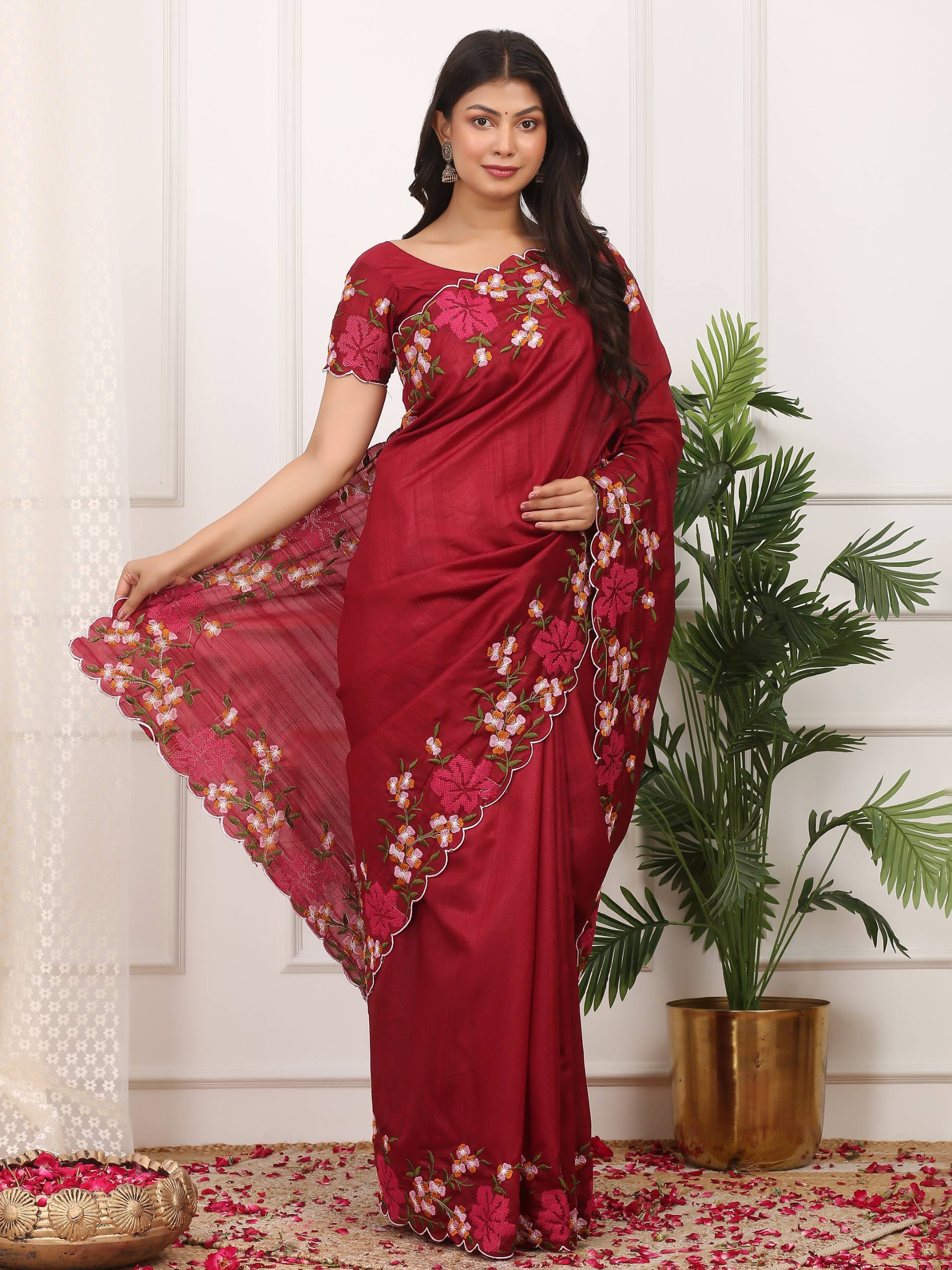 Wine Red Designer Manipuri Silk Saree