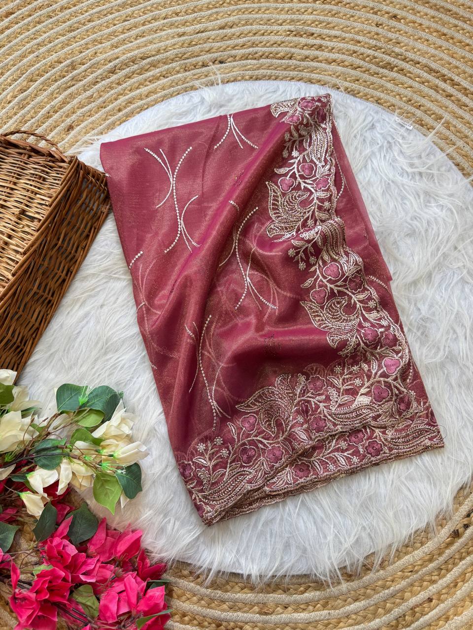 Wine Stylish Pure Tissue Silk Saree