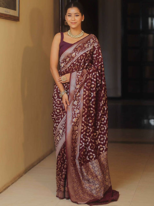 Wine Wedding Wear Lichi Silk Saree