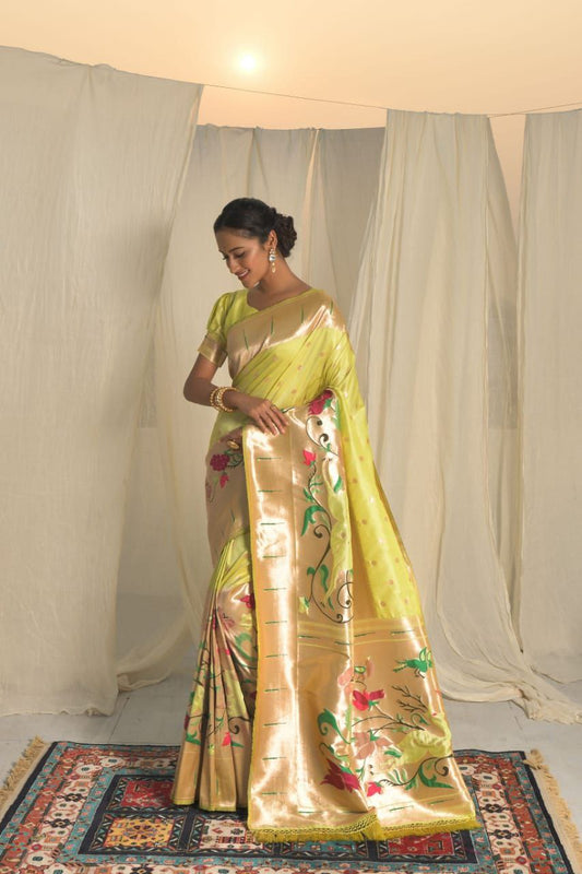 Yellow Banarasi Soft Silk Paithani Saree