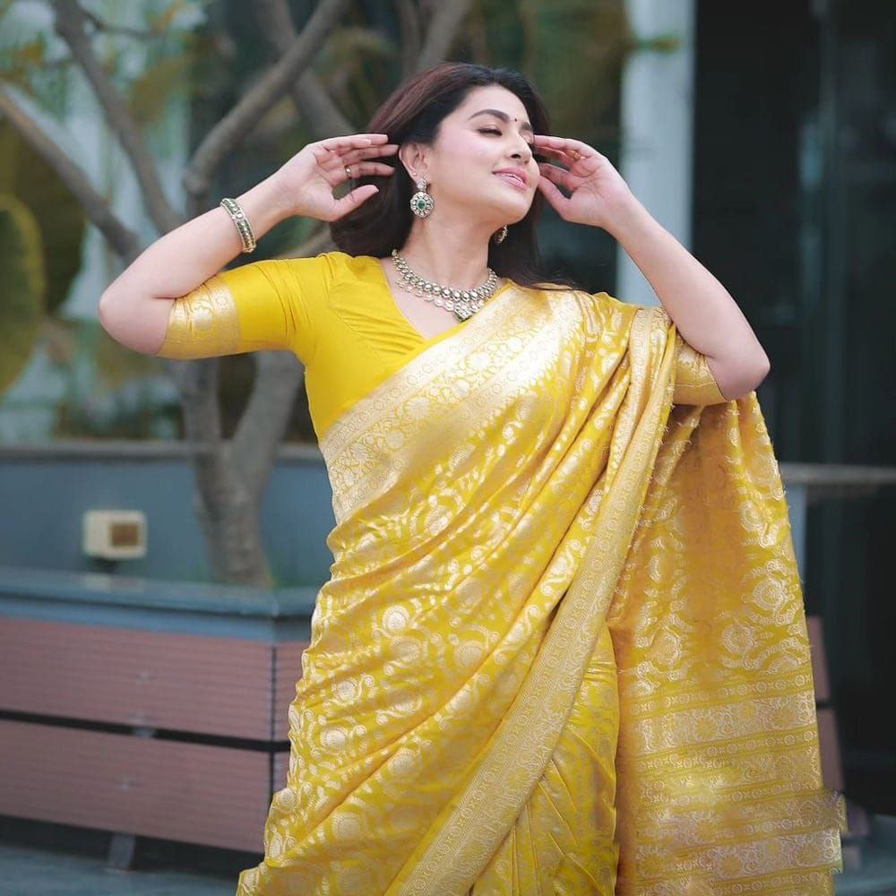 Yellow Banarasi Soft Silk Saree