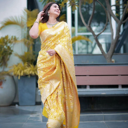 Yellow Banarasi Soft Silk Saree