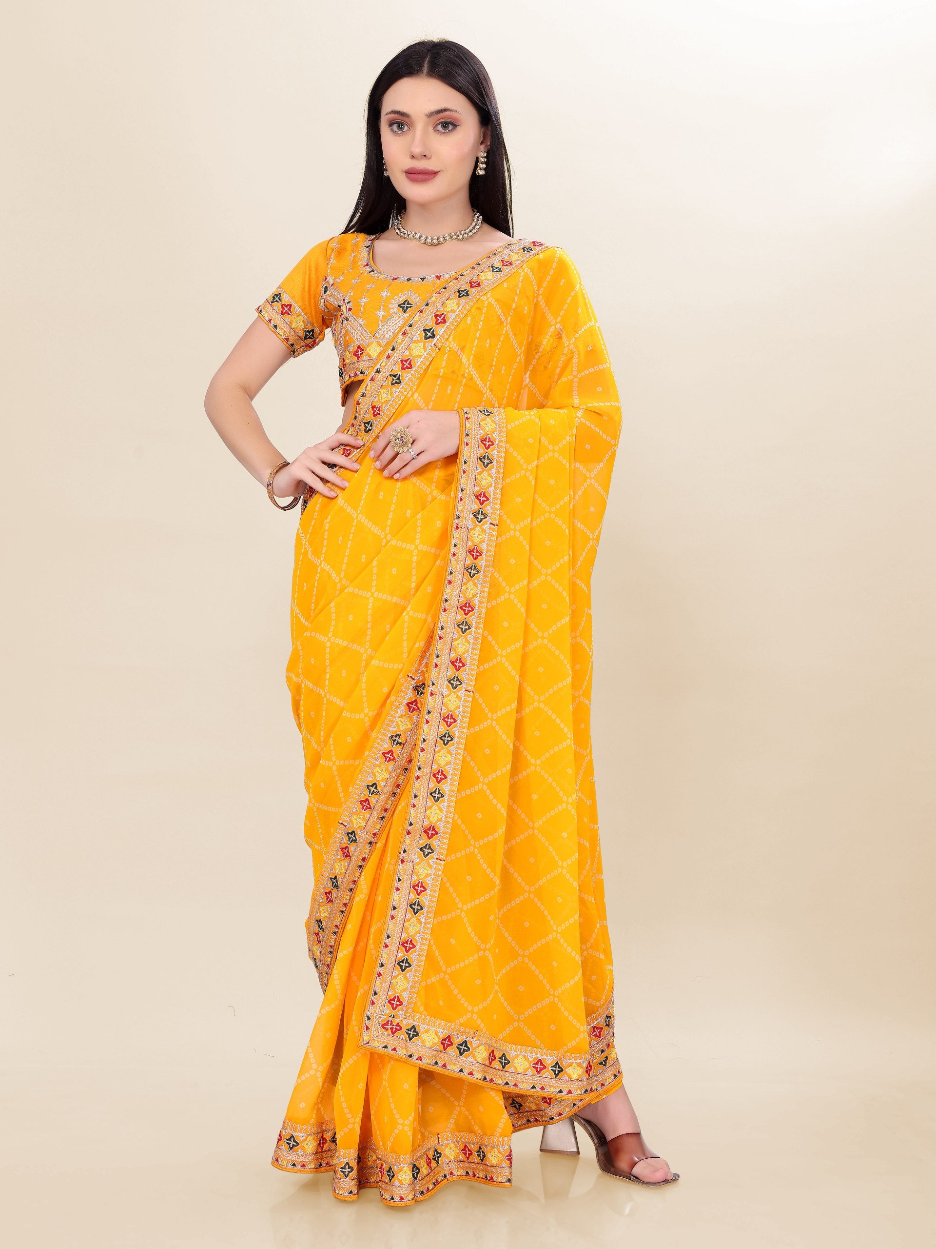 Yellow Bandhej Printed Georgette Saree