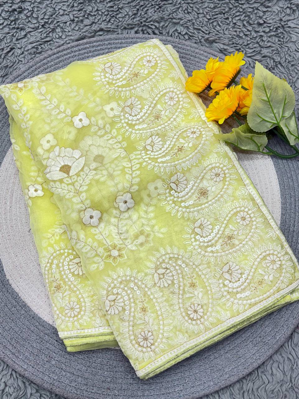 Yellow Designer Chikankari Organza Silk Saree