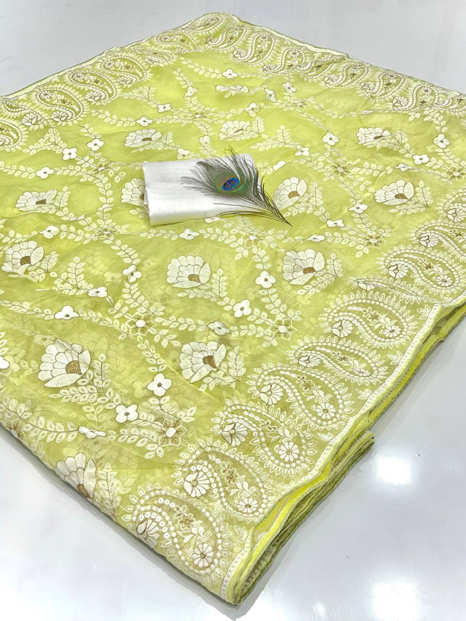 Yellow Designer Chikankari Organza Silk Saree