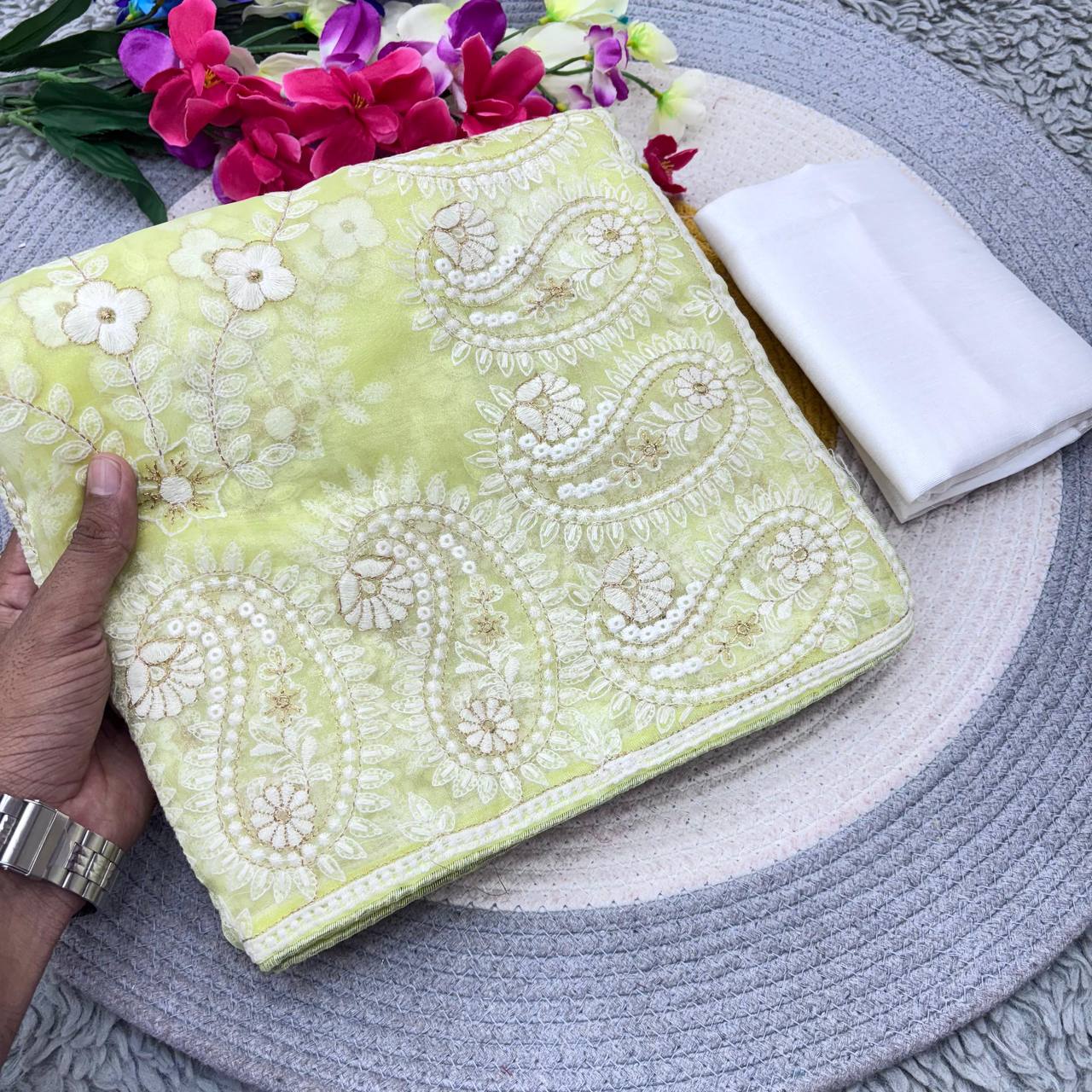 Yellow Designer Chikankari Organza Silk Saree