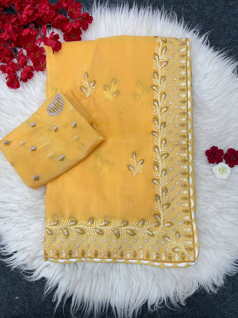 Yellow Designer Crunchy Chiffon Silk Saree